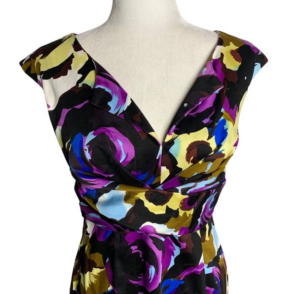 Donna Ricco Sleeveless Sheath Dress 4 Black Floral Zip V Neck Partially Lined - Picture 2 of 6